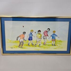 Rachel Vigil Original Watercolor Art Work 1982 Vintage Young Boys Playing